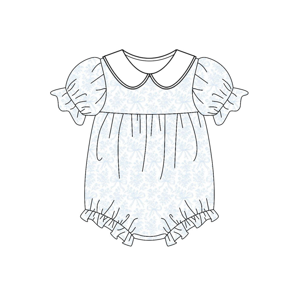 MOQ 5 preorder SR3462 Blue Flower Bows White Doll Collar Short Sleeve Girls Bubble Romper 202510 Sibling