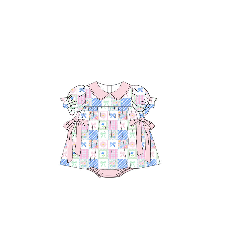 MOQ 5 preorder SR3464 Bows Flower Plaid Pink Doll Collar Short Sleeve Girls Bubble Romper 202510 Sibling