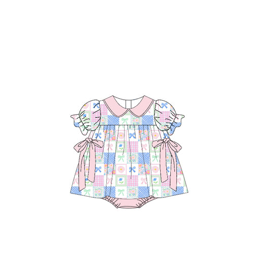 MOQ 5 preorder SR3464 Bows Flower Plaid Pink Doll Collar Short Sleeve Girls Bubble Romper 202510 Sibling