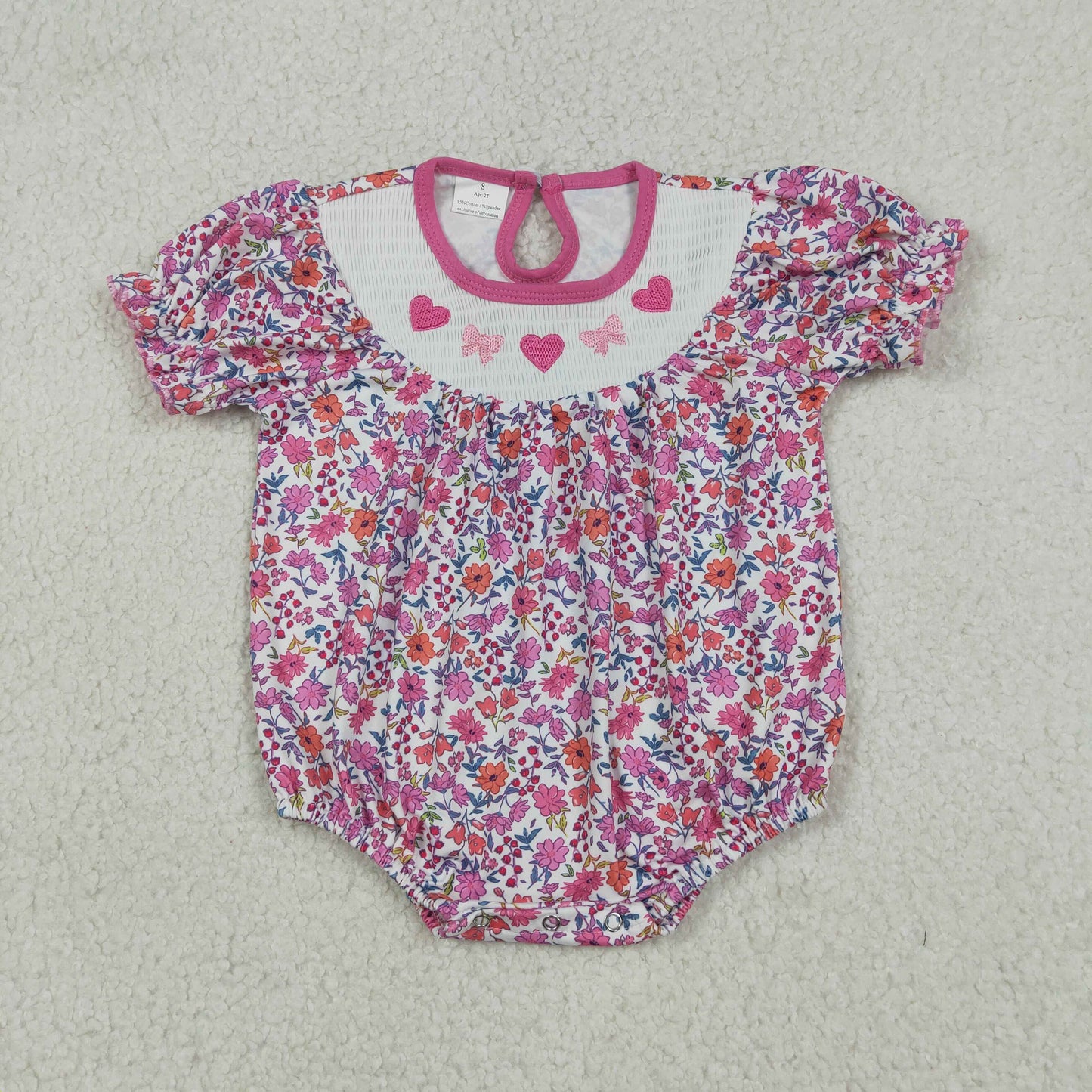 SR3465 Smocked Valentines Day Pink Love Bows Short Sleeve Girls Bubble Romper 202512 RTS Sibling