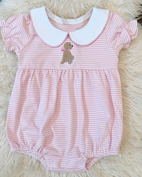 MOQ 5 PCS preorder SR3476 Puppy Pink Stripe White Doll Collar Short Sleeve Girls Bubble Romper 202511
