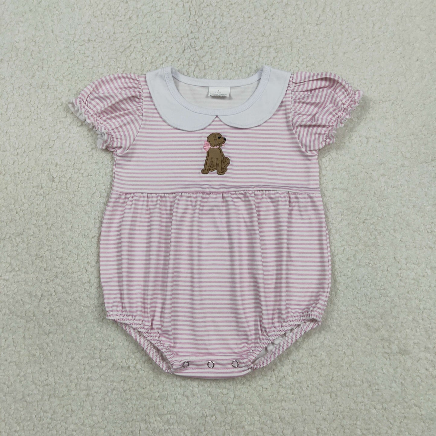 SR3476 Embroidered Puppy Pink Stripe White Doll Collar Short Sleeve Girls Bubble Romper 202601 RTS