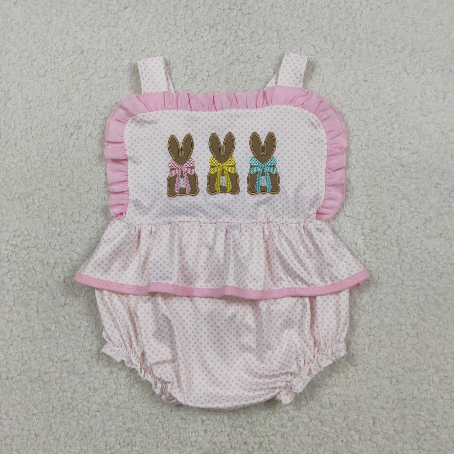 SR3477 Embroidered Easter Bunny Dots Pink Ruffle Sleeveless Girls Bubble Romper 202601 RTS
