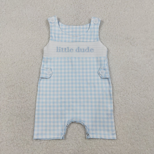 SR3482 Smocked Little Dude Blue Plaid Sleeveless Boys Romper 202601 RTS