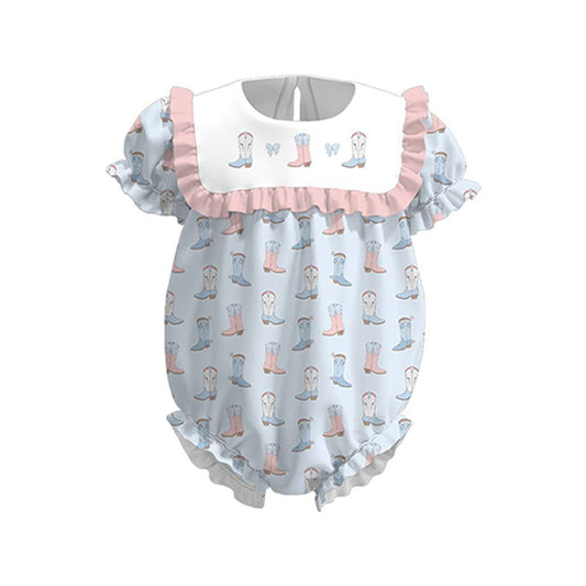 MOQ 5 PCS preorder SR3485 Bows Boots Pink Ruffle Blue Short Sleeve Girls Bubble Romper 202511