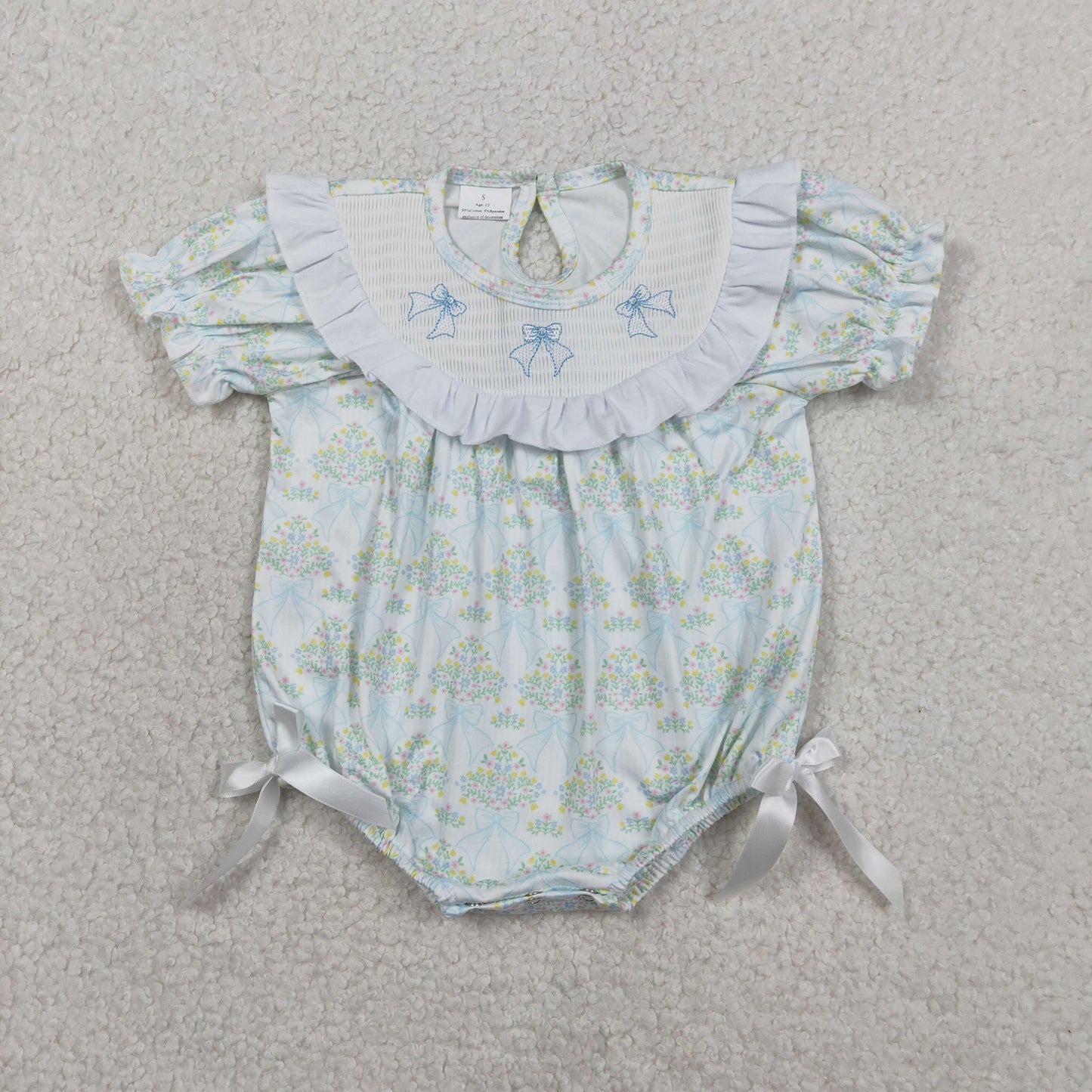 SR3487 Smocked Flower Bows Ruffle Light Green Short Sleeve Girls Bubble Romper 202602 RTS