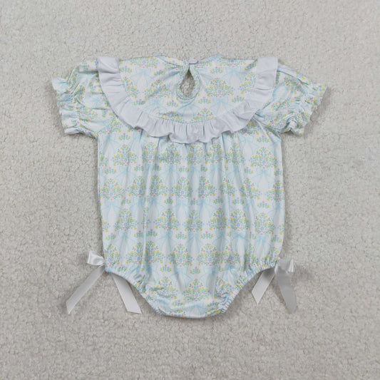 SR3487 Smocked Flower Bows Ruffle Light Green Short Sleeve Girls Bubble Romper 202602 RTS