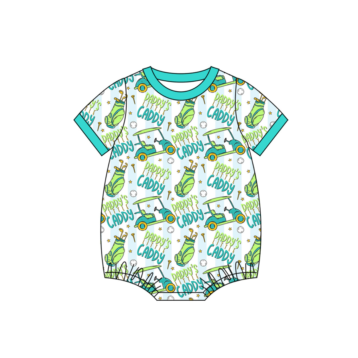 MOQ 5 PCS preorder SR3490 Daddy's Caddy Golf Ball Stripe Blue Green Short Sleeve Boys Bubble Romper 202511 Sibling