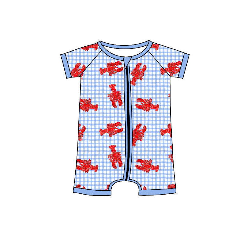 MOQ 5 PCS preorder SR3495 Mardi Gras Crayfish Blue Plaid Zip Short Sleeve Boys Romper 202511 Sibling
