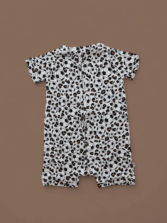 MOQ 5 PCS preorder SR3501 Leopard Soccer Ball White Zip Short-Sleeved Boys Romper 202511