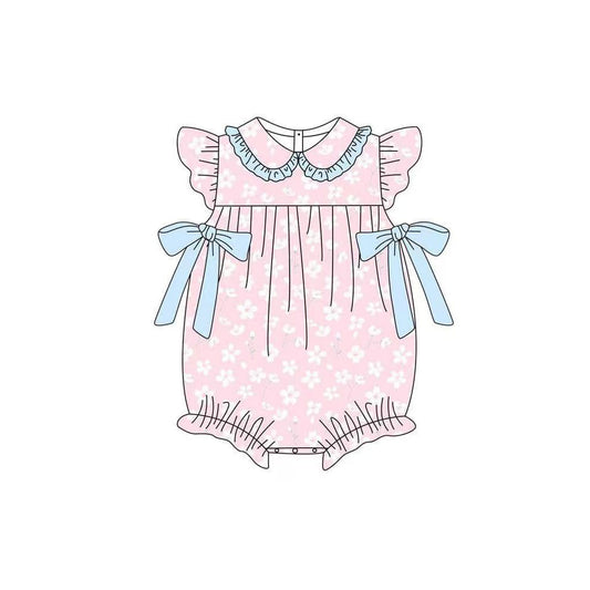 MOQ 5 PCS preorder SR3504 Blue Bows Flower Pink Doll Collar Flying Sleeve Girls Bubble Romper 202511