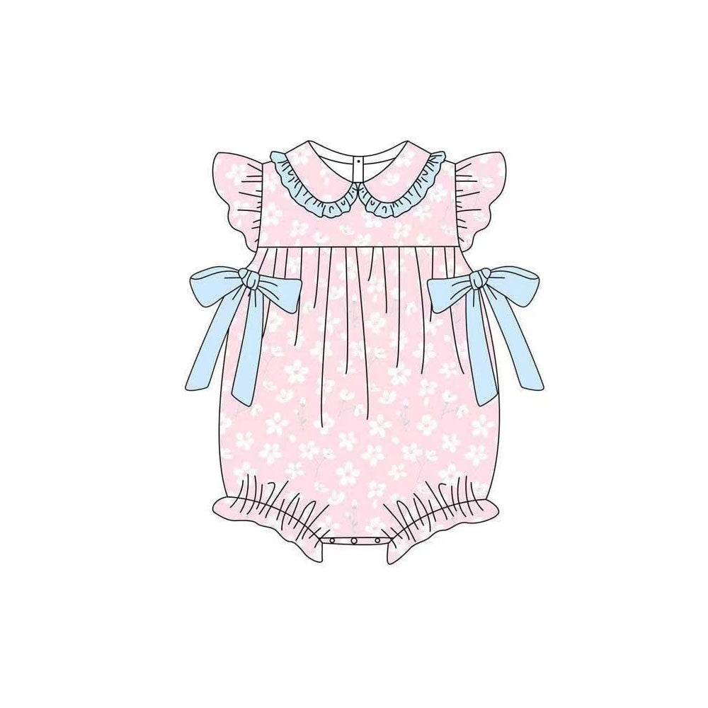 MOQ 5 PCS preorder SR3504 Blue Bows Flower Pink Doll Collar Flying Sleeve Girls Bubble Romper 202511
