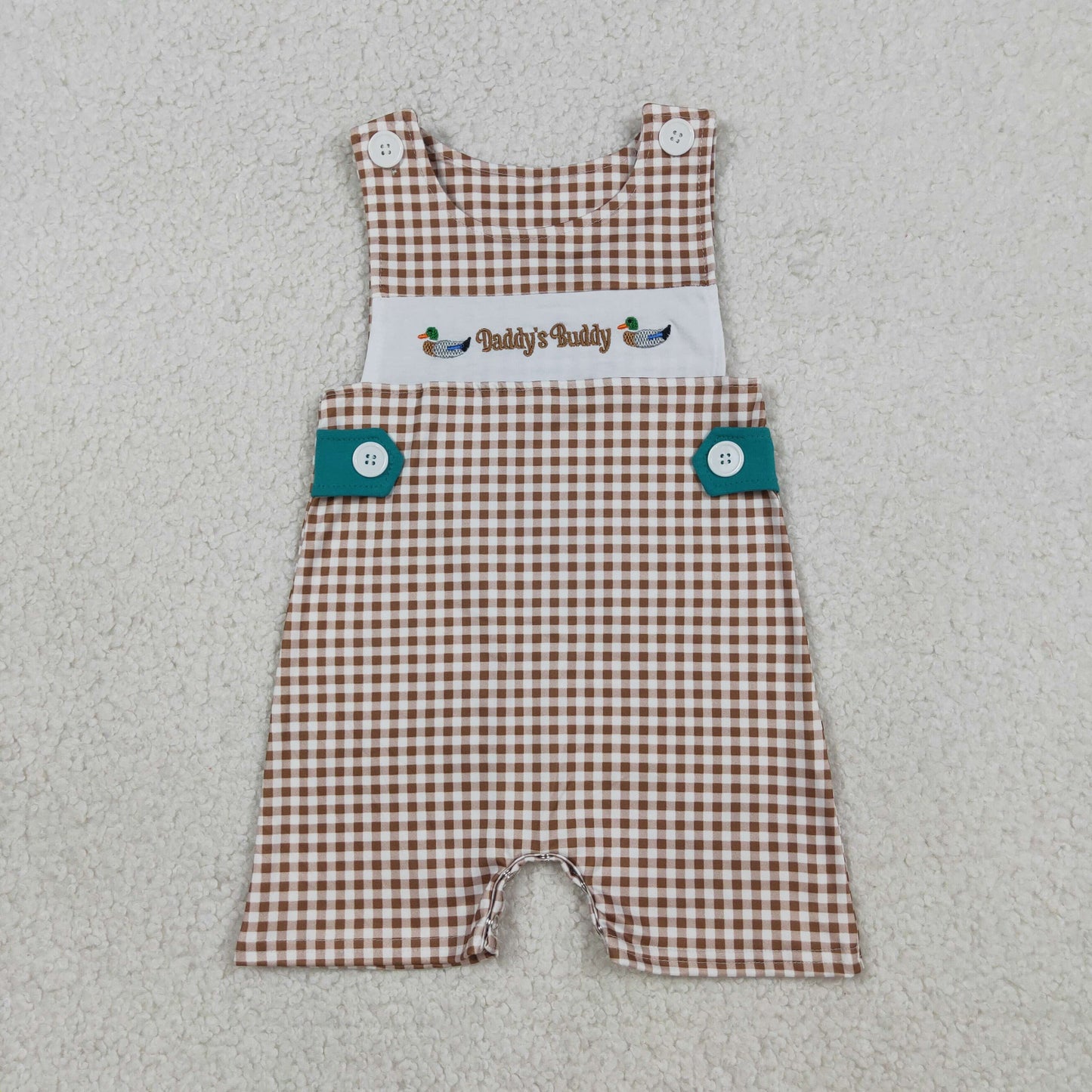 SR3508 Embroidered Daddy's Buddy Duck Brown Plaid Sleeveless Boys Romper 202603 RTS