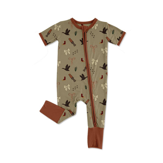 MOQ 5 PCS preorder SR3509 Ducks Bows Gray Green Brown Zip Long Sleeve Girls Romper 202511