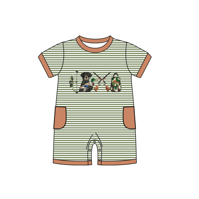 MOQ 5 PCS preorder SR3510 Puppy Duck Hunting Green Stripe Short-Sleeved Boys Romper 202511