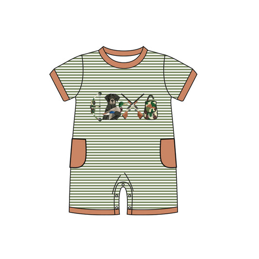 MOQ 5 PCS preorder SR3510 Puppy Duck Hunting Green Stripe Short-Sleeved Boys Romper 202511