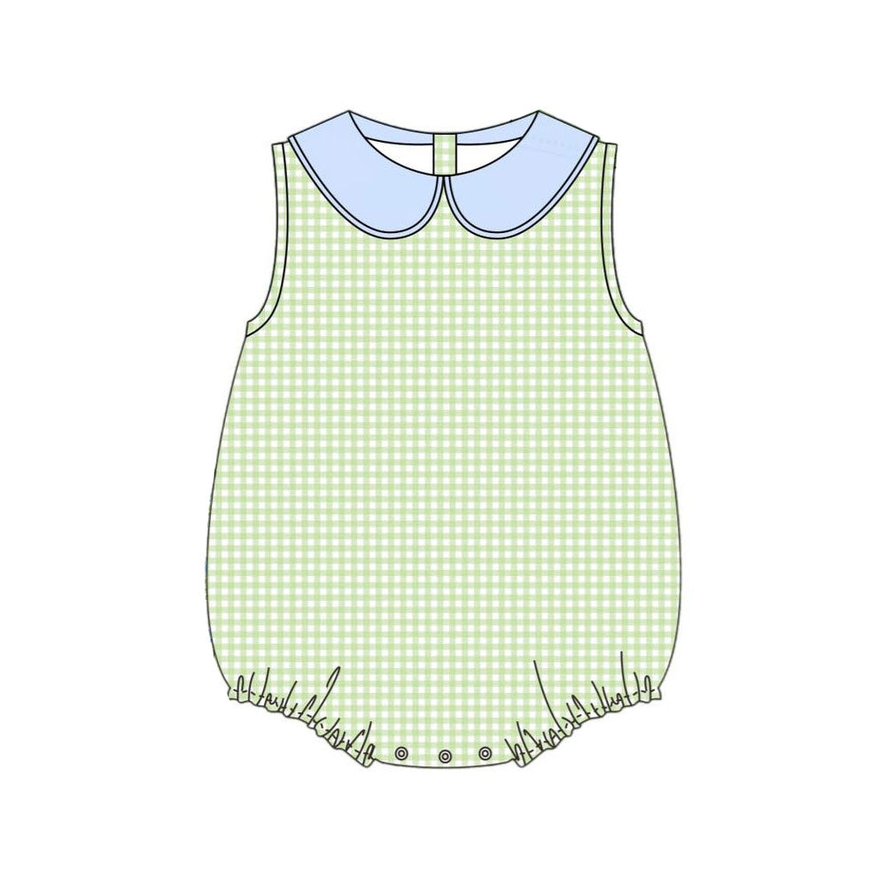 MOQ 5 PCS preorder SR3512 Green Plaid Blue Doll Collar Short-Sleeved Girls Bubble Romper 202511