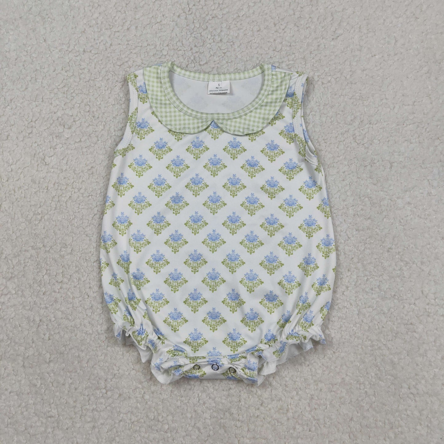 SR3513 Flower Green Plaid Doll Collar Short-Sleeved Girls Bubble Romper 202603 RTS