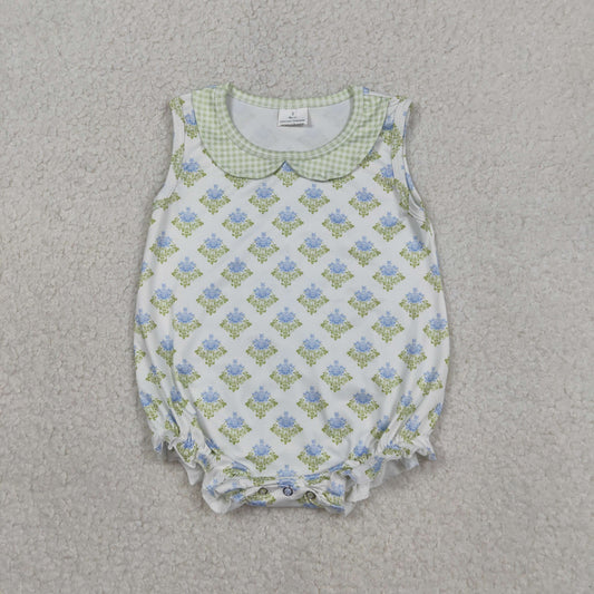 SR3513 Flower Green Plaid Doll Collar Short-Sleeved Girls Bubble Romper 202603 RTS