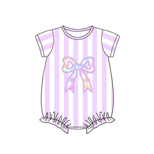 MOQ 5 PCS preorder SR3514 Colored Plaid Bow Purple Stripe Short-Sleeved Girls Bubble Romper 202511