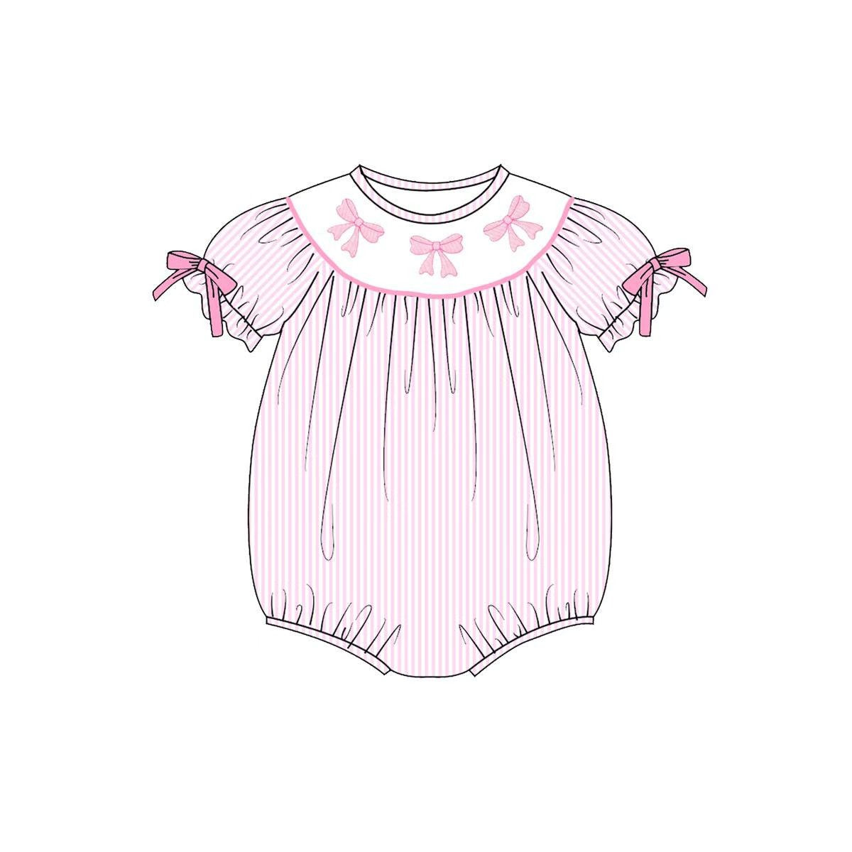 MOQ 5 PCS preorder SR3521 Valentines Day Bows Stripe Pink Short-Sleeved Girls Bubble Romper 202511