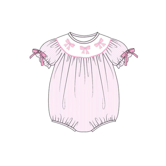 MOQ 5 PCS preorder SR3521 Valentines Day Bows Stripe Pink Short-Sleeved Girls Bubble Romper 202511