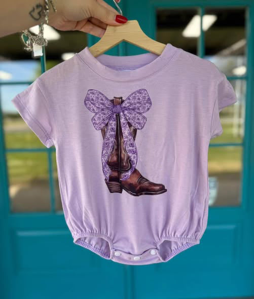 MOQ 5 PCS preorder SR3524 Bow Boot Purple Short-Sleeved Girls Bubble Romper 202511