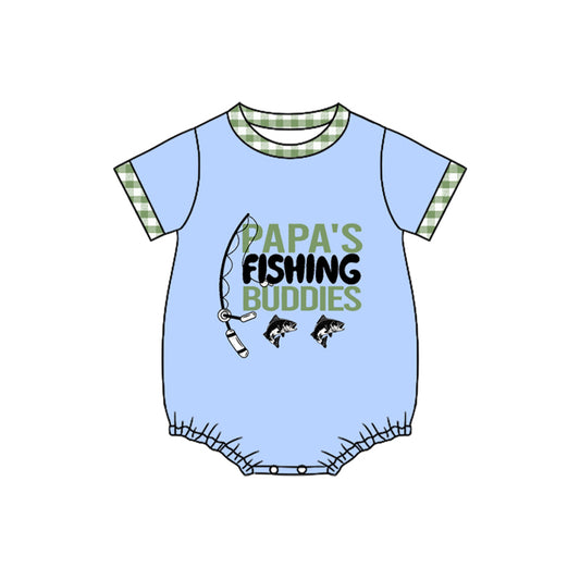 MOQ 5 PCS preorder SR3530 Papa's Fishing Buddies Fishing Letter Blue Short-Sleeved Boys Bubble Romper 202511