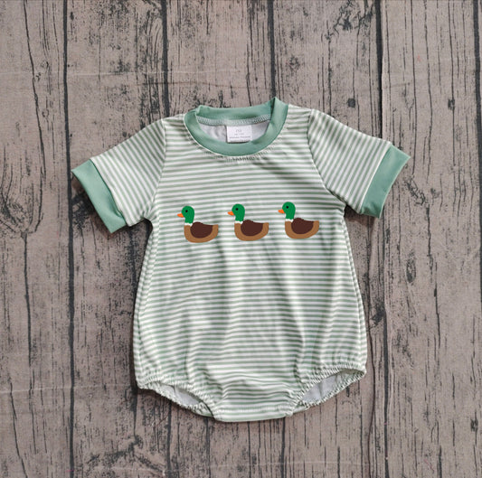 NO MOQ preorder SR3531 Embroidered Ducks Green Stripe Short-Sleeved Boys Bubble Romper 202511