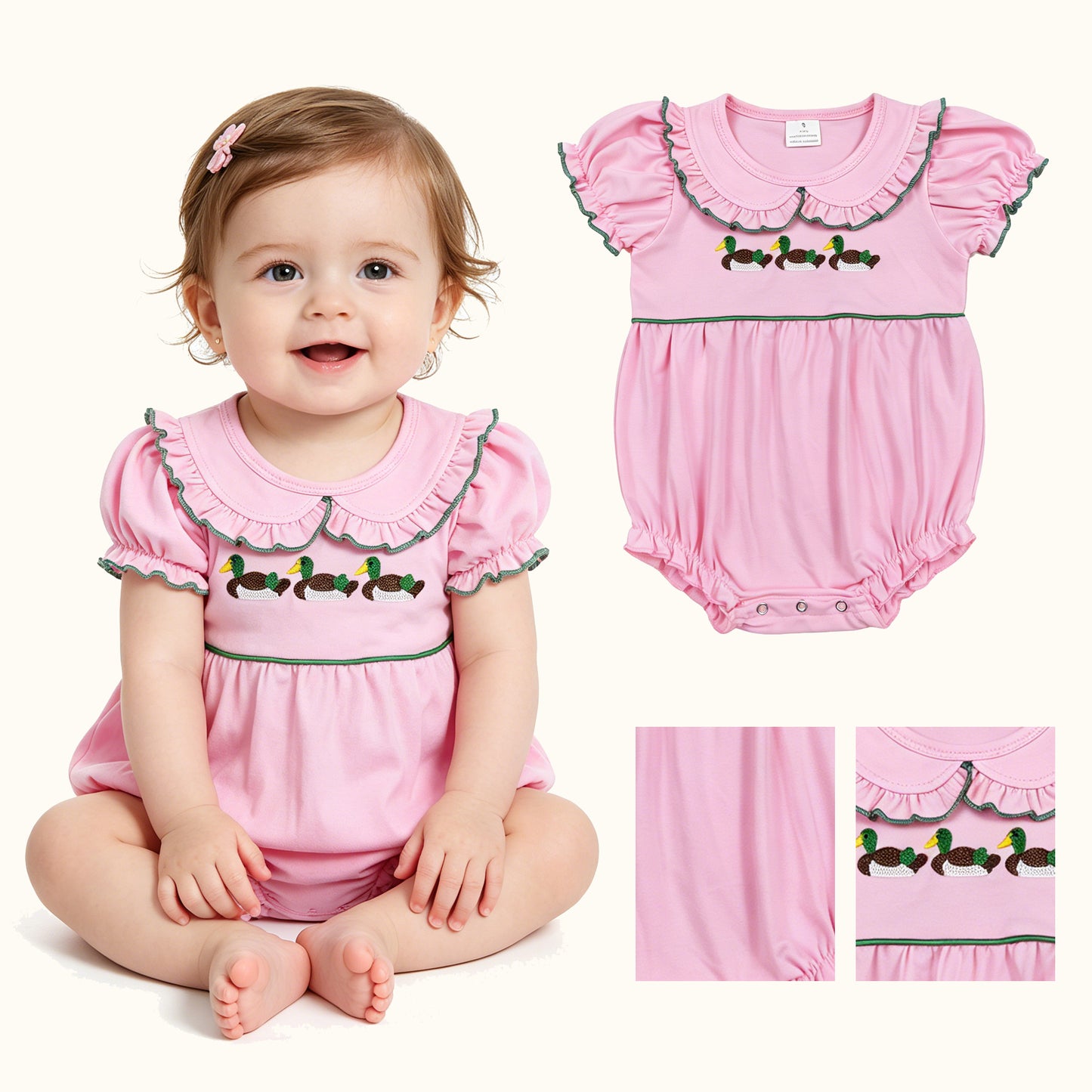 SR3532 Embroidered Ducks Doll Collar Pink Green Ruffle Short-Sleeved Girls Bubble Romper 202605 RTS