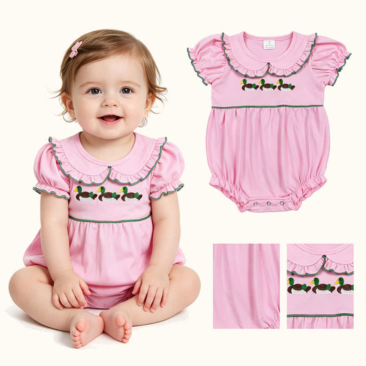 SR3532 Embroidered Ducks Doll Collar Pink Green Ruffle Short-Sleeved Girls Bubble Romper 202605 RTS