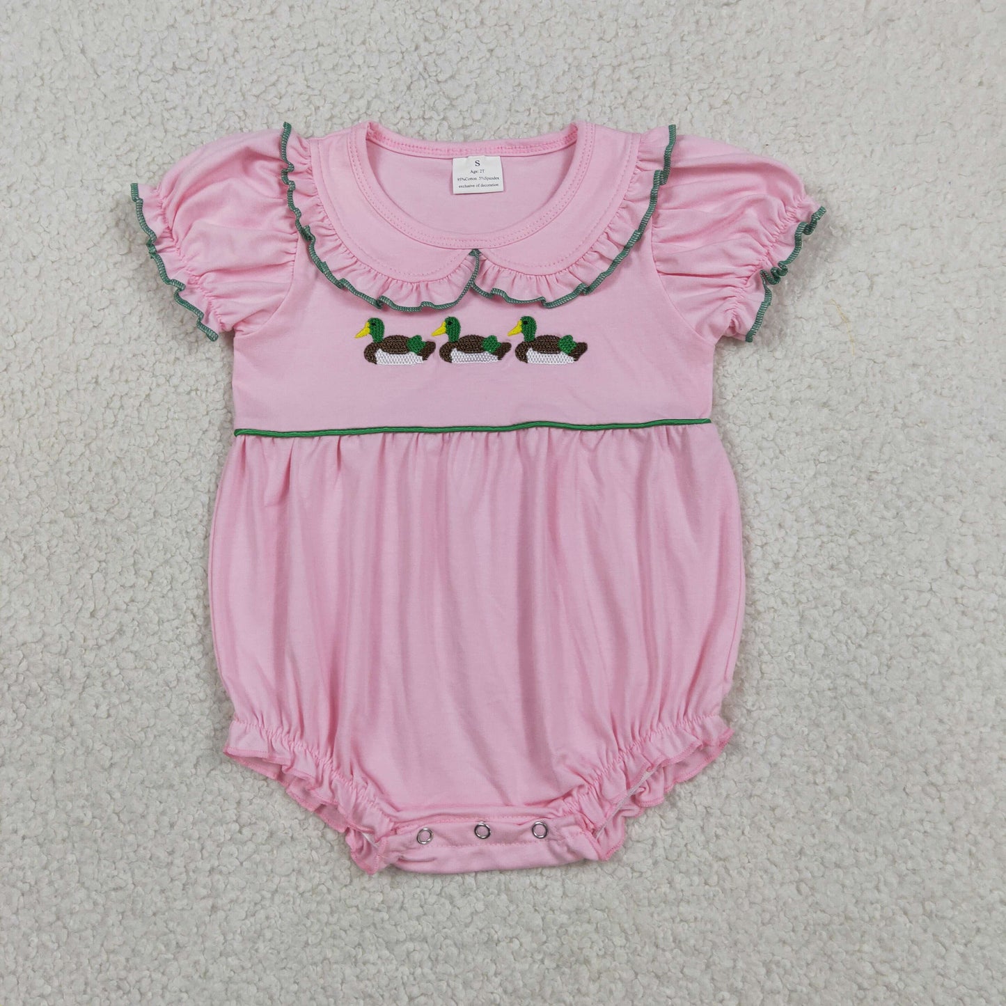 SR3532 Embroidered Ducks Doll Collar Pink Green Ruffle Short-Sleeved Girls Bubble Romper 202605 RTS
