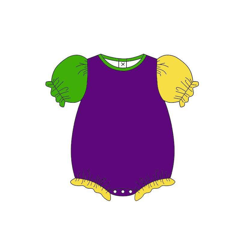 MOQ 5 PCS preorder SR3533 Mardi Gras Yellow Green Purple Short-Sleeved Girls Bubble Romper 202511