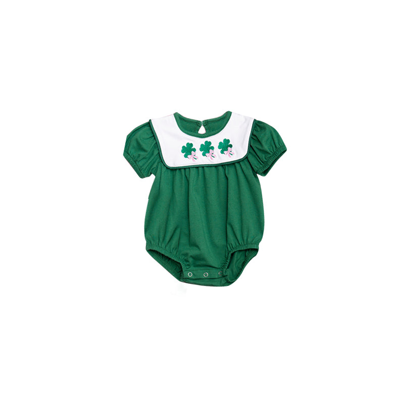 MOQ 5 PCS preorder SR3538 St. Patrick's Day Bows Four-Leaf Clove Green Short Sleeve Girls Bubble Romper 202511