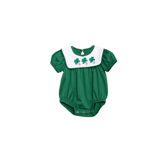 MOQ 5 PCS preorder SR3538 St. Patrick's Day Bows Four-Leaf Clove Green Short Sleeve Girls Bubble Romper 202511