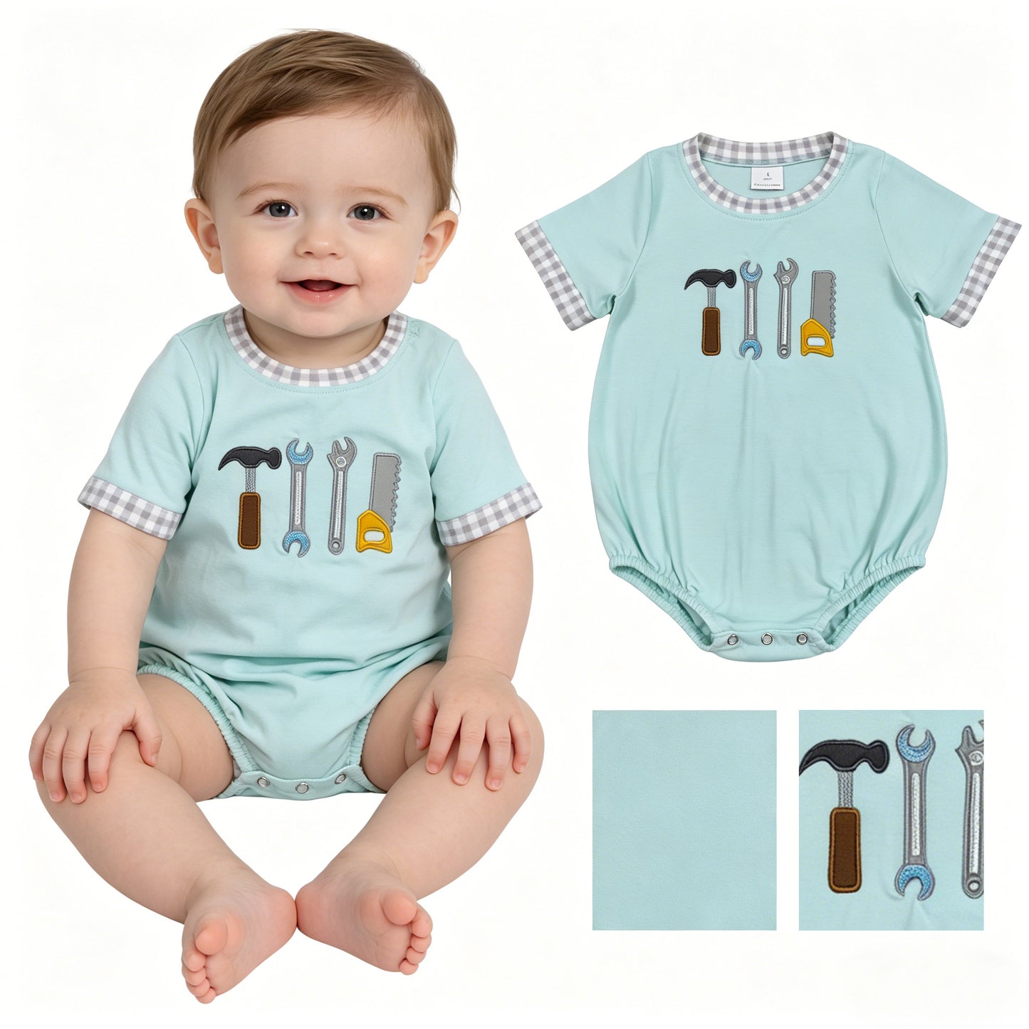 SR3541 Embroidered Hammer Wrench Tools Light Green Short Sleeve Boys Bubble Romper 202604 RTS Sibling