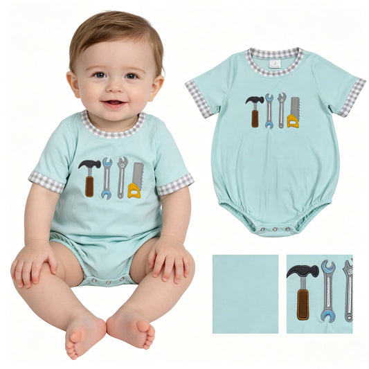 SR3541 Embroidered Hammer Wrench Tools Light Green Short Sleeve Boys Bubble Romper 202604 RTS Sibling