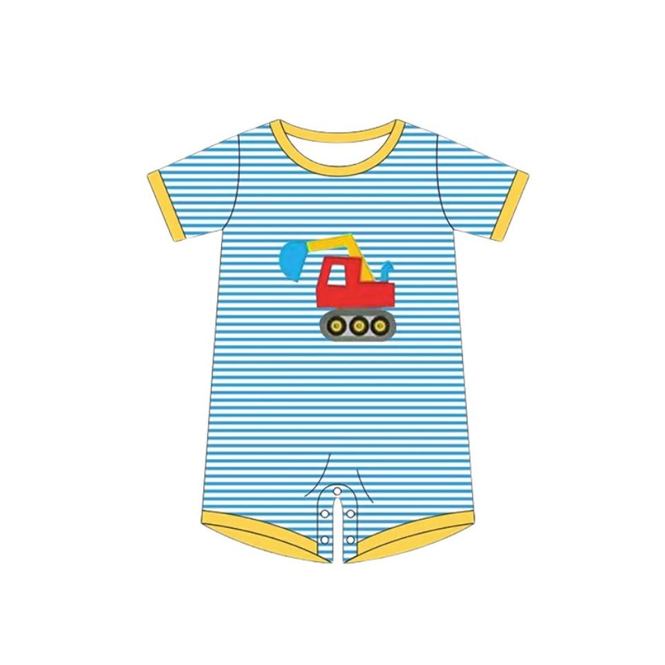 MOQ 5 PCS preorder SR3542 Trucks Blue Stripe Short Sleeve Boys Romper 202511