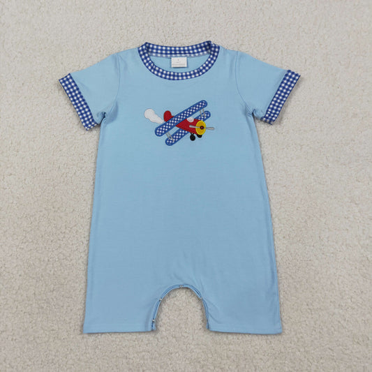 SR3543 Embroidered Airplane Blue Short Sleeve Boys Romper 202603 RTS