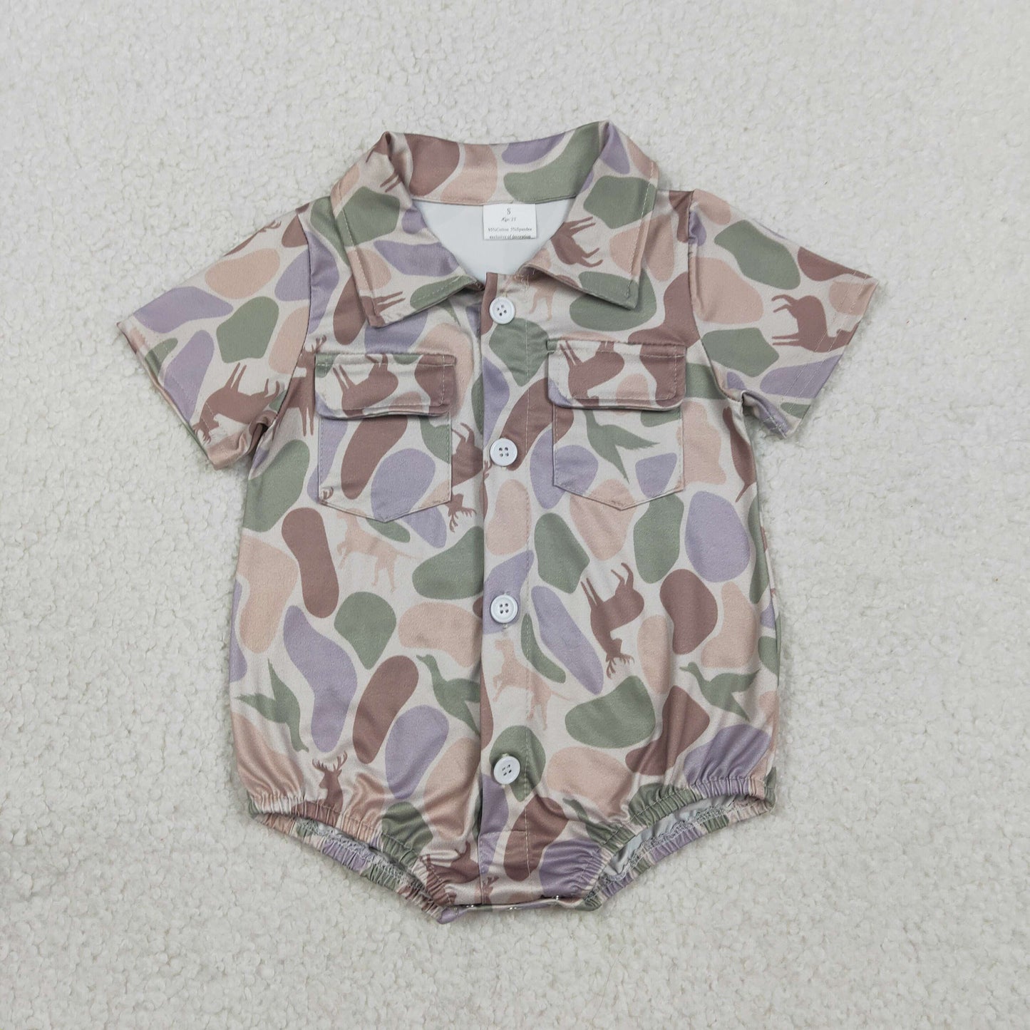 SR3544 Duck Deer Puppy Camouflage Buttons Short Sleeve Boys Romper 202602