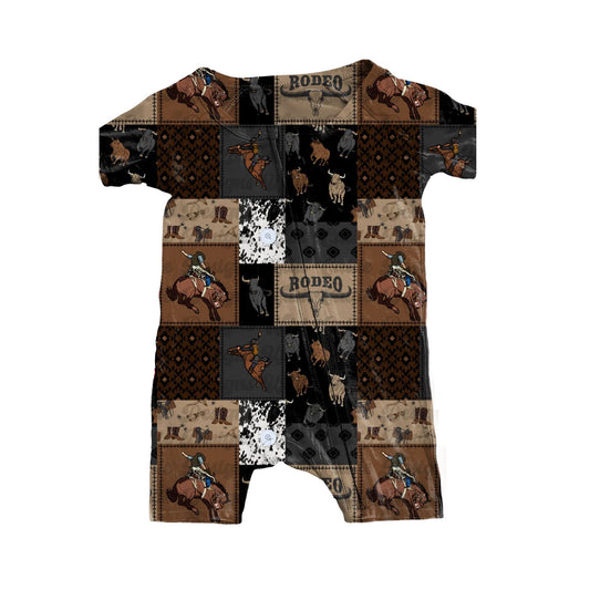 MOQ 5 PCS preorder SR3545 Cowboy Rodeo Horse Riding Brown Zipper Short Sleeve Boys Romper 202511