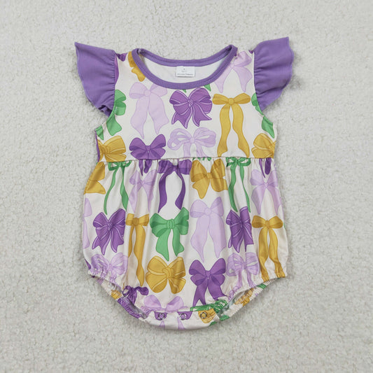 SR3546 Mardi Gras Colored Bows Purple Flying Sleeve Girls Bubble Romper 202601 RTS