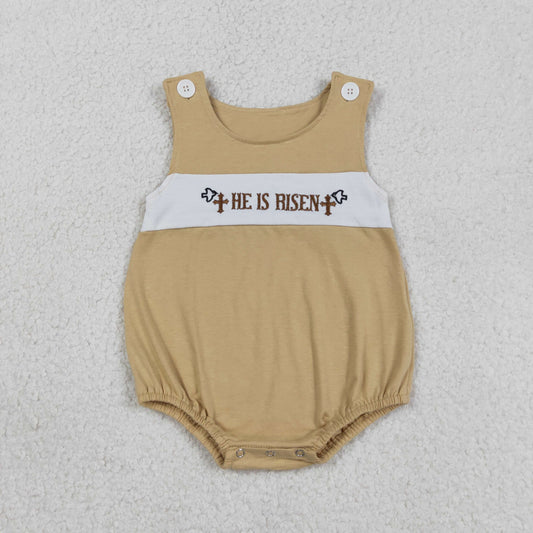SR3547 Embroidered He id Risen Easter Cross Khaki Sleeveless Boys Bubble Romper 202603 RTS