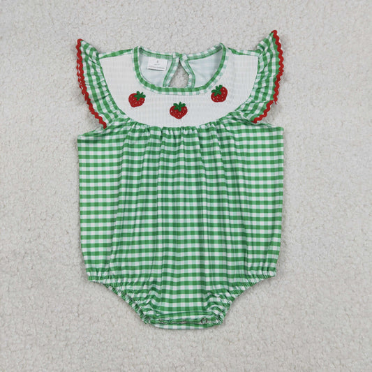 SR3550 Smoked Strawberry Green Plaid Flying Sleeve Girls Bubble Romper 202512 RTS