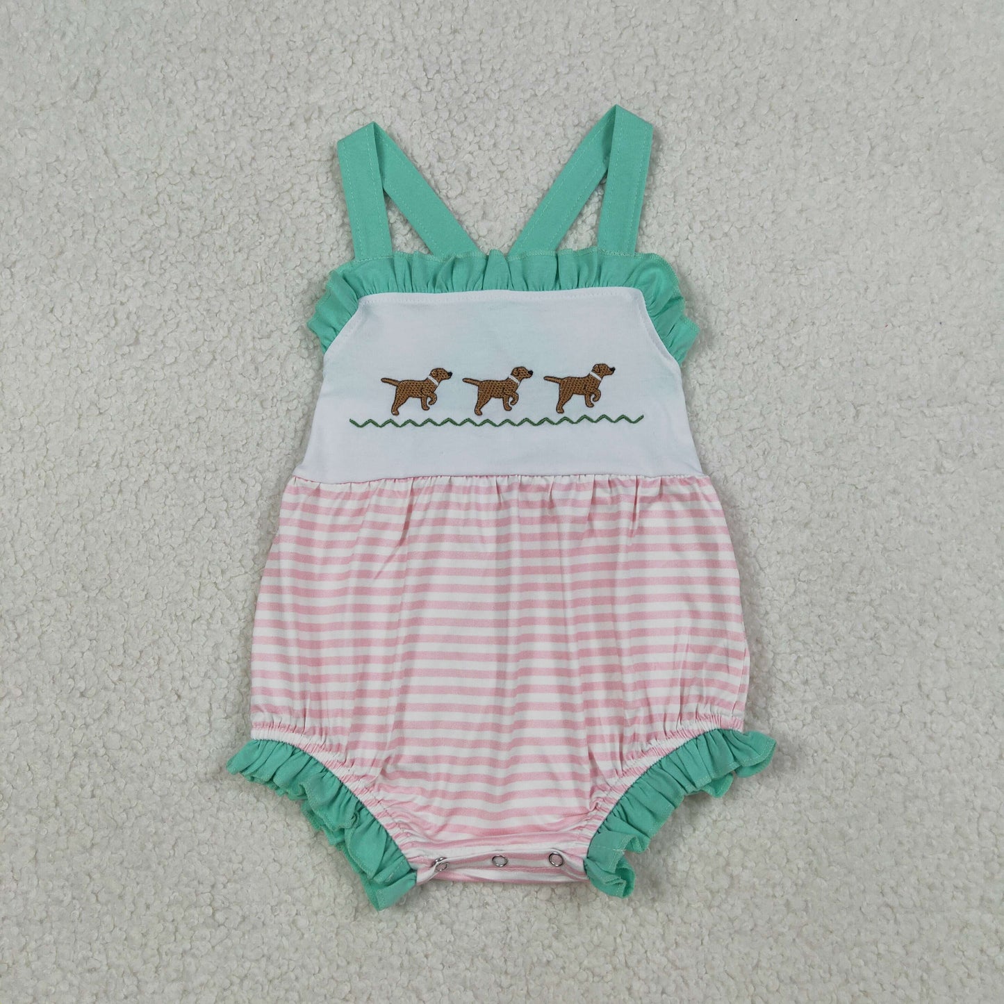 SR3558 Embroidered Puppy Stripe Blue Green Ruffle Sleeveless Girls Bubble Romper 202603 RTS Sibling