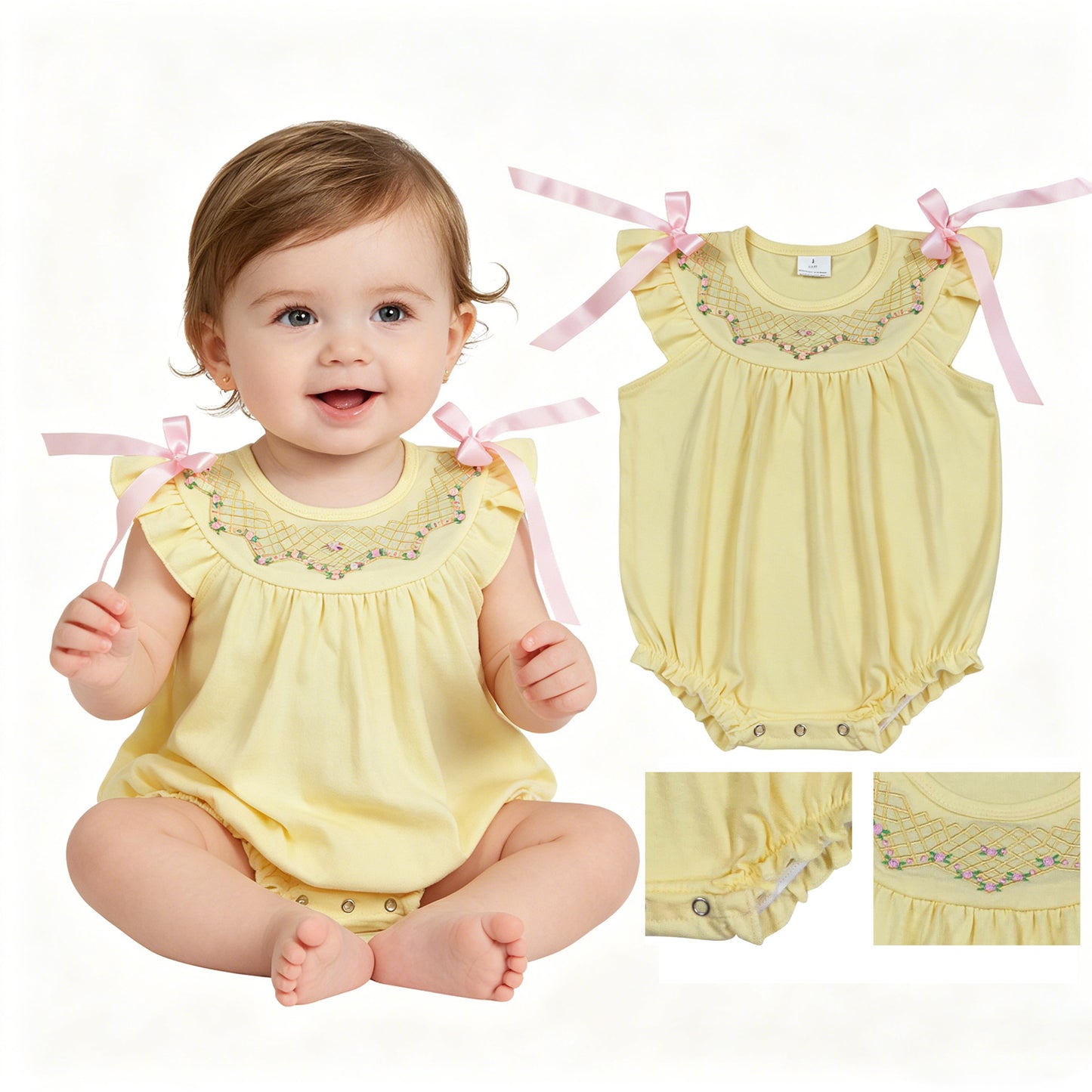 SR3561 Embroidered Flower Yellow Flying Sleeve Girls Bubble Romper 202604 RTS