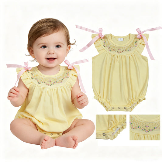 SR3561 Embroidered Flower Yellow Flying Sleeve Girls Bubble Romper 202604 RTS