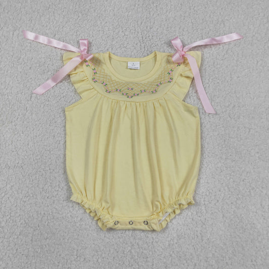 SR3561 Embroidered Flower Yellow Flying Sleeve Girls Bubble Romper 202604 RTS