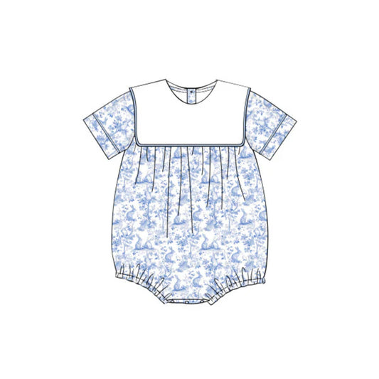 MOQ 5 PCS preorder SR3564 Easter Bunny Flower Blue White Short Sleeve Girls Bubble Romper 202511