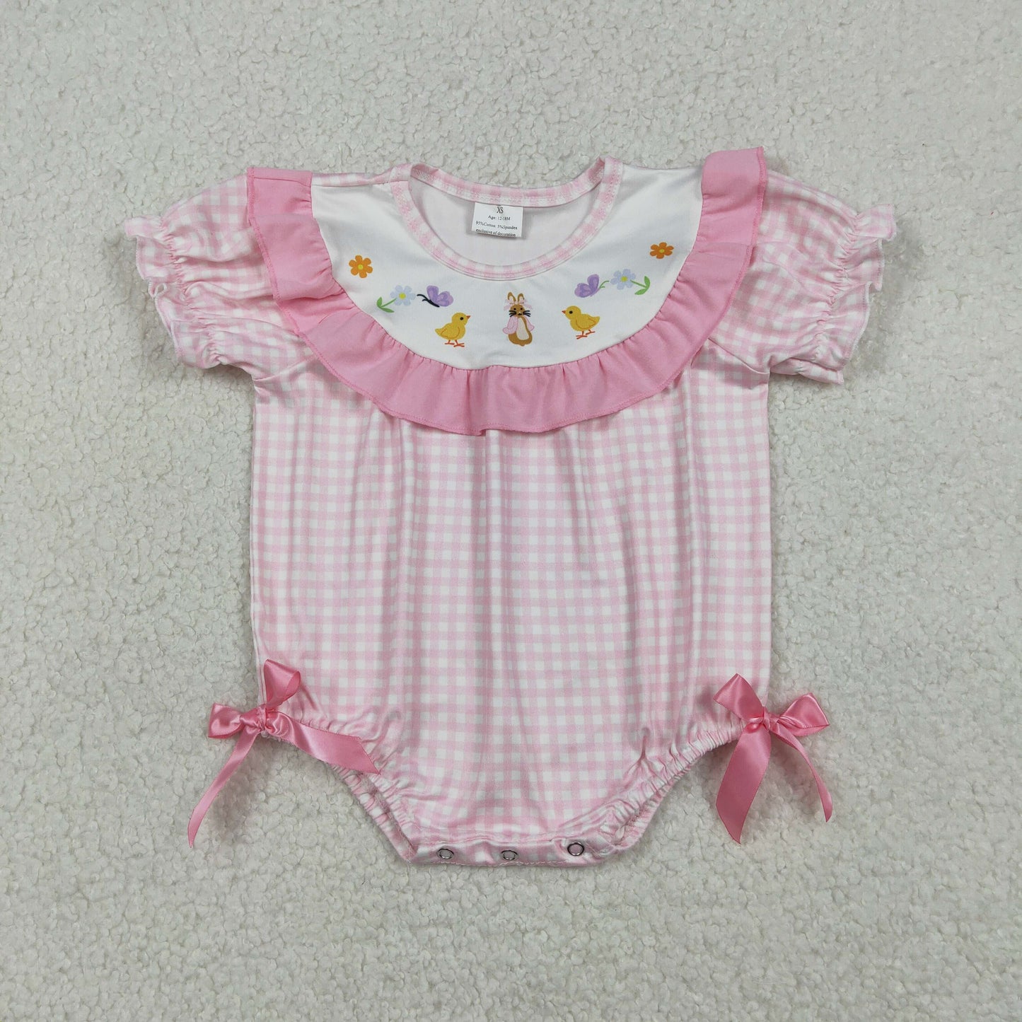 SR3565 Easter Bunny Chick Flower Bows Pink Plaid Short Sleeve Girls Bubble Romper 202512 RTS